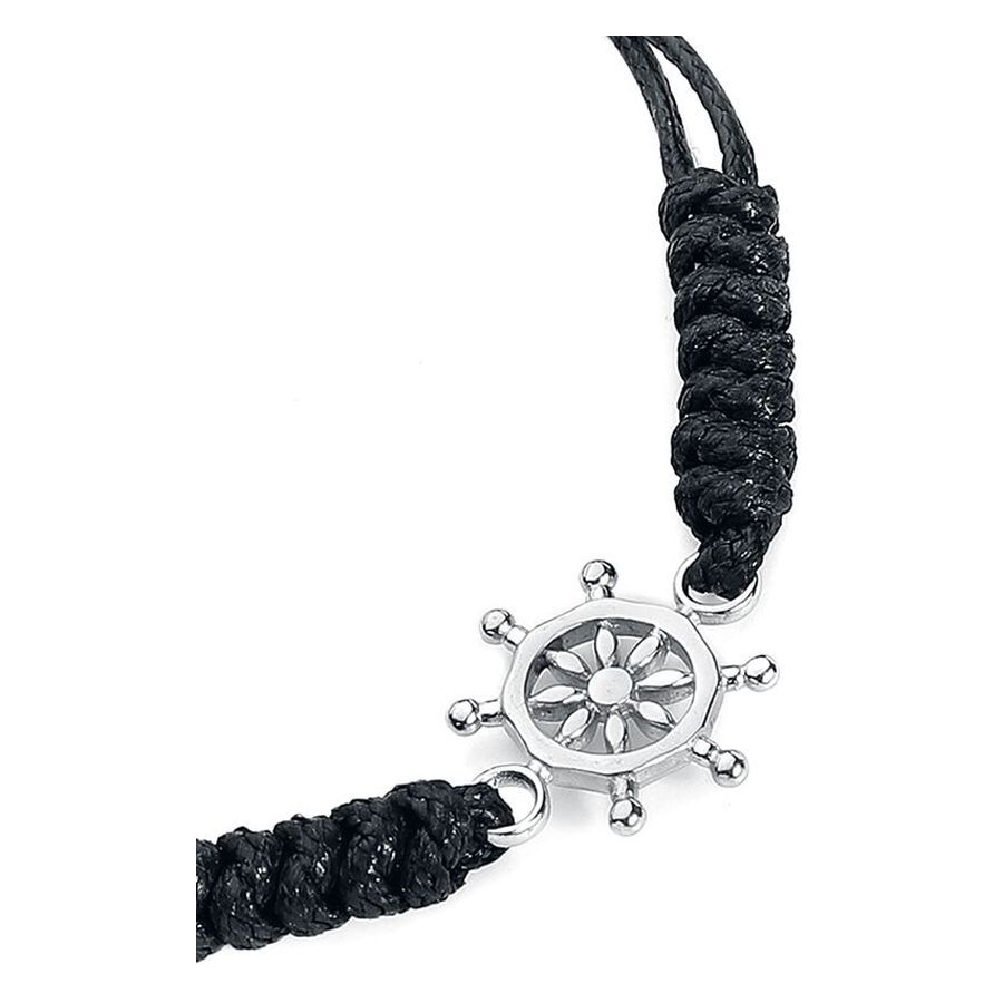 Bracciale Nodo Marinaio con Design a Ruota del Timone Bracciale Nodo Marinaio nero in nylon con ruota del timone argentata su sfondo bianco