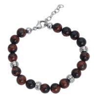 Bracciale Mahagony in acciaio chirurgico Bracciale marrone Mahagony con acciaio chirurgico, perline rosse e nere, dettagli argentati