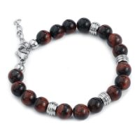 Mahagony Brown bracciale in acciaio chirurgico Bracciale unisex con pietre marroni ed elementi argentati su sfondo bianco