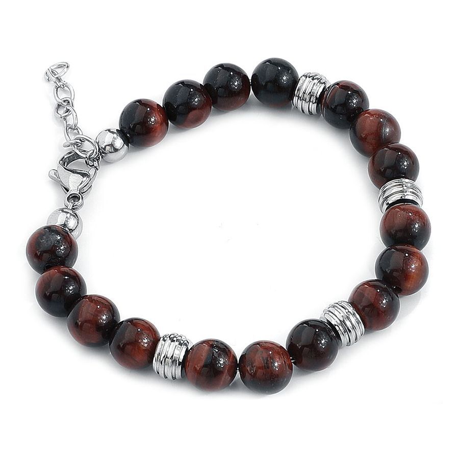 Mahagony Brown bracciale in acciaio chirurgico Bracciale unisex con pietre marroni ed elementi argentati su sfondo bianco
