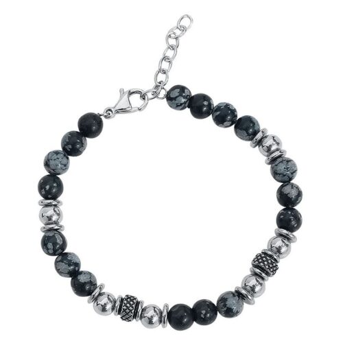 Bracciale nero con pietre e perline in acciaio chirurgico su sfondo bianco