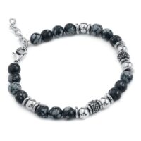 Elegante Clastic Rock Bracciale in acciaio chirurgico Clastic Rock Bracciale con perle nere e argento su sfondo bianco