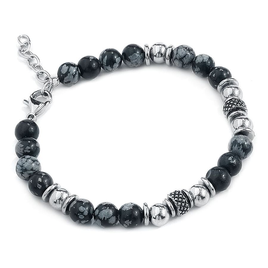 Elegante Clastic Rock Bracciale in acciaio chirurgico Clastic Rock Bracciale con perle nere e argento su sfondo bianco