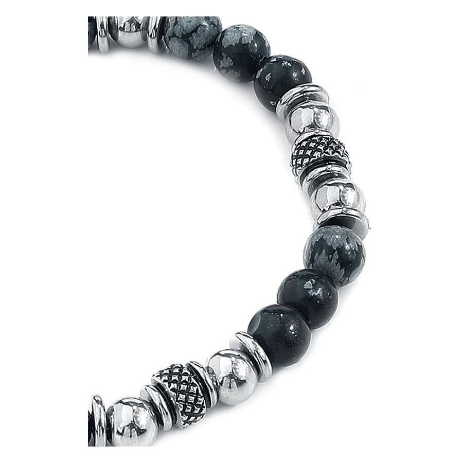 Clastic Rock bracciale in acciaio chirurgico Bracciale nero e argento con perline di pietra e acciaio su sfondo bianco