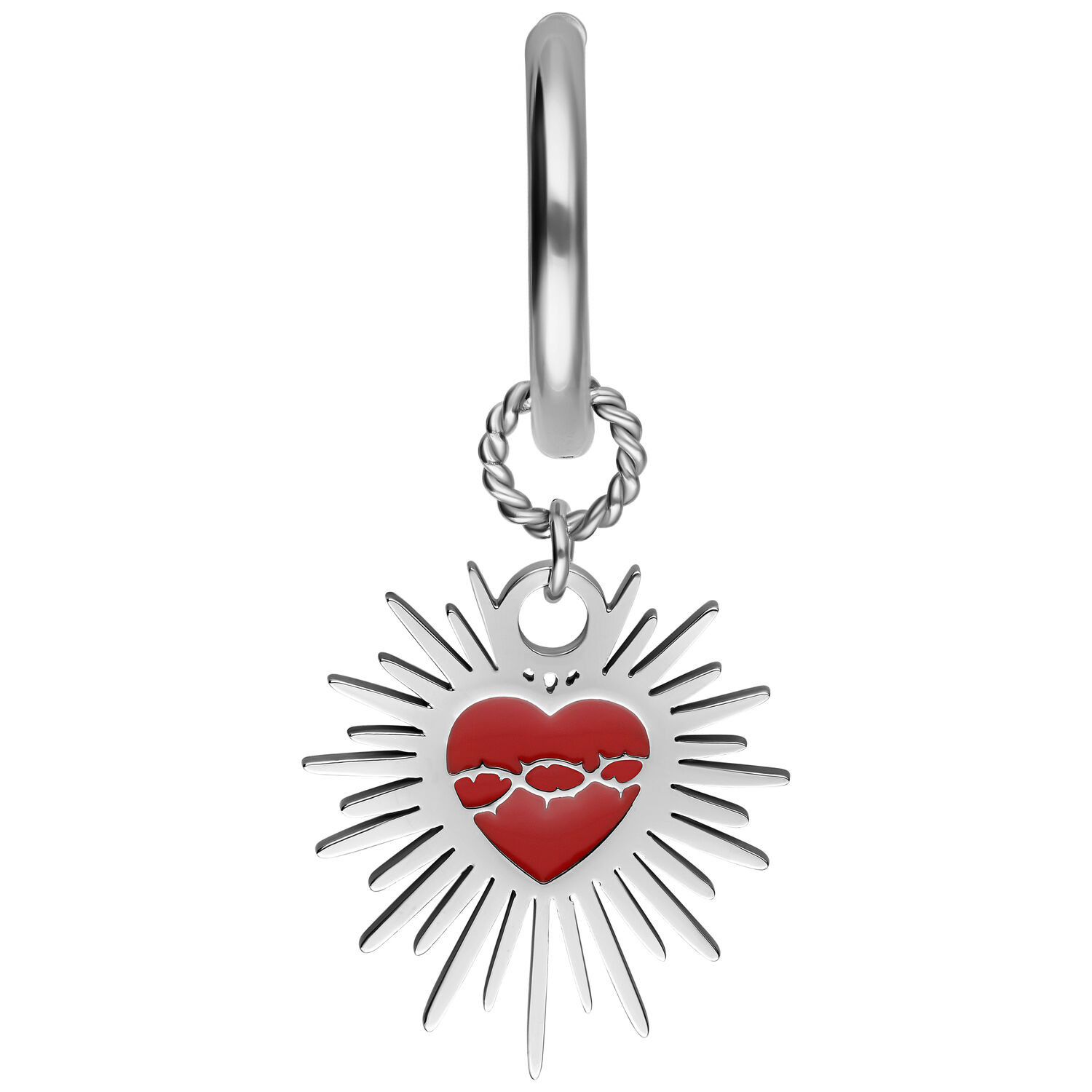 Orecchini in argento con Sacred Heart rosso e design a filo spinato su sfondo bianco