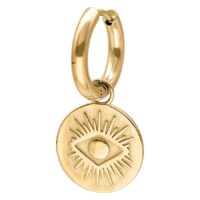 Orecchini d'oro con pendente rotondo e motivo occhio su sfondo bianco