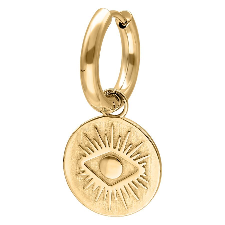 Orecchini d'oro con pendente rotondo e motivo occhio su sfondo bianco