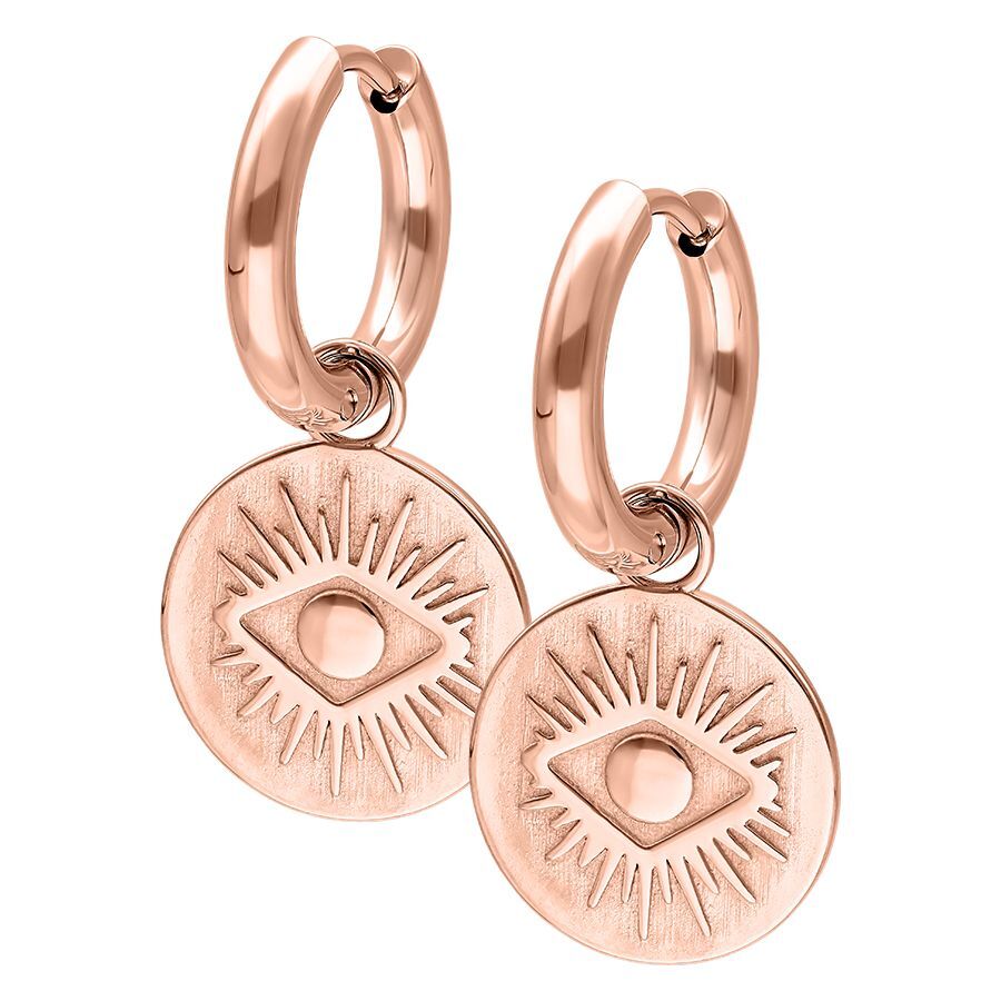 Orecchini in oro rosa con motivo a occhio su sfondo bianco