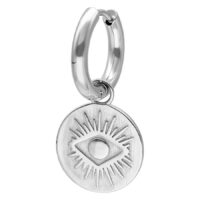 Orecchini a cerchio in argento con pendente rotondo e design a occhio su sfondo bianco