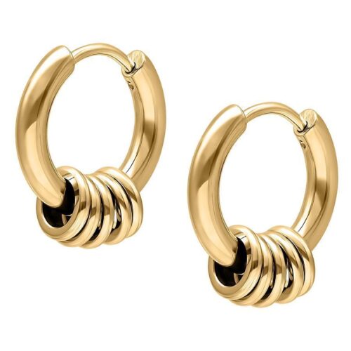 Orecchini dorati con cinque piccoli anelli su sfondo bianco