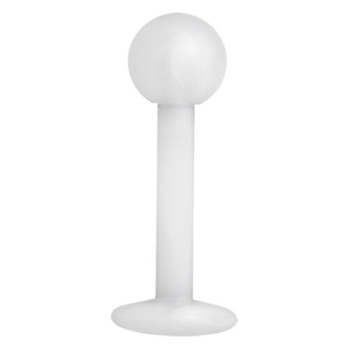 Labret trasparente in Bioplast con sfera e retro piatto su sfondo bianco