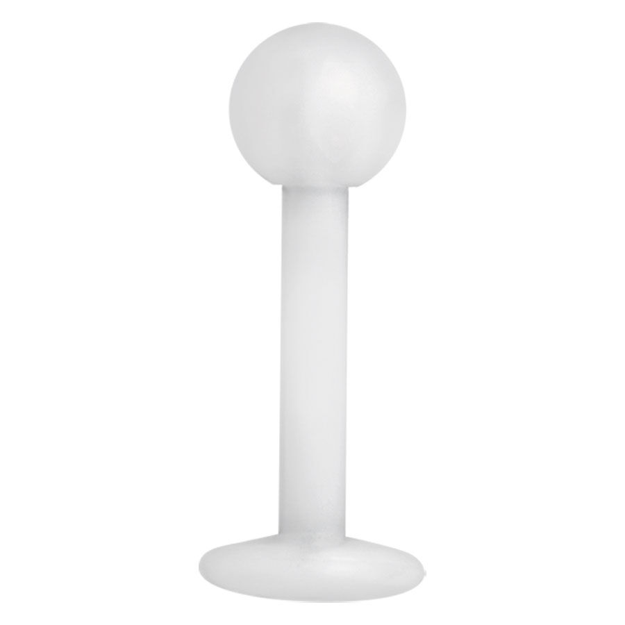 Labret trasparente in Bioplast con sfera e retro piatto su sfondo bianco