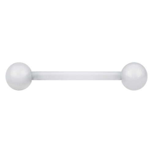 Barbell Piercing trasparente in Bioplast con due sfere su sfondo bianco