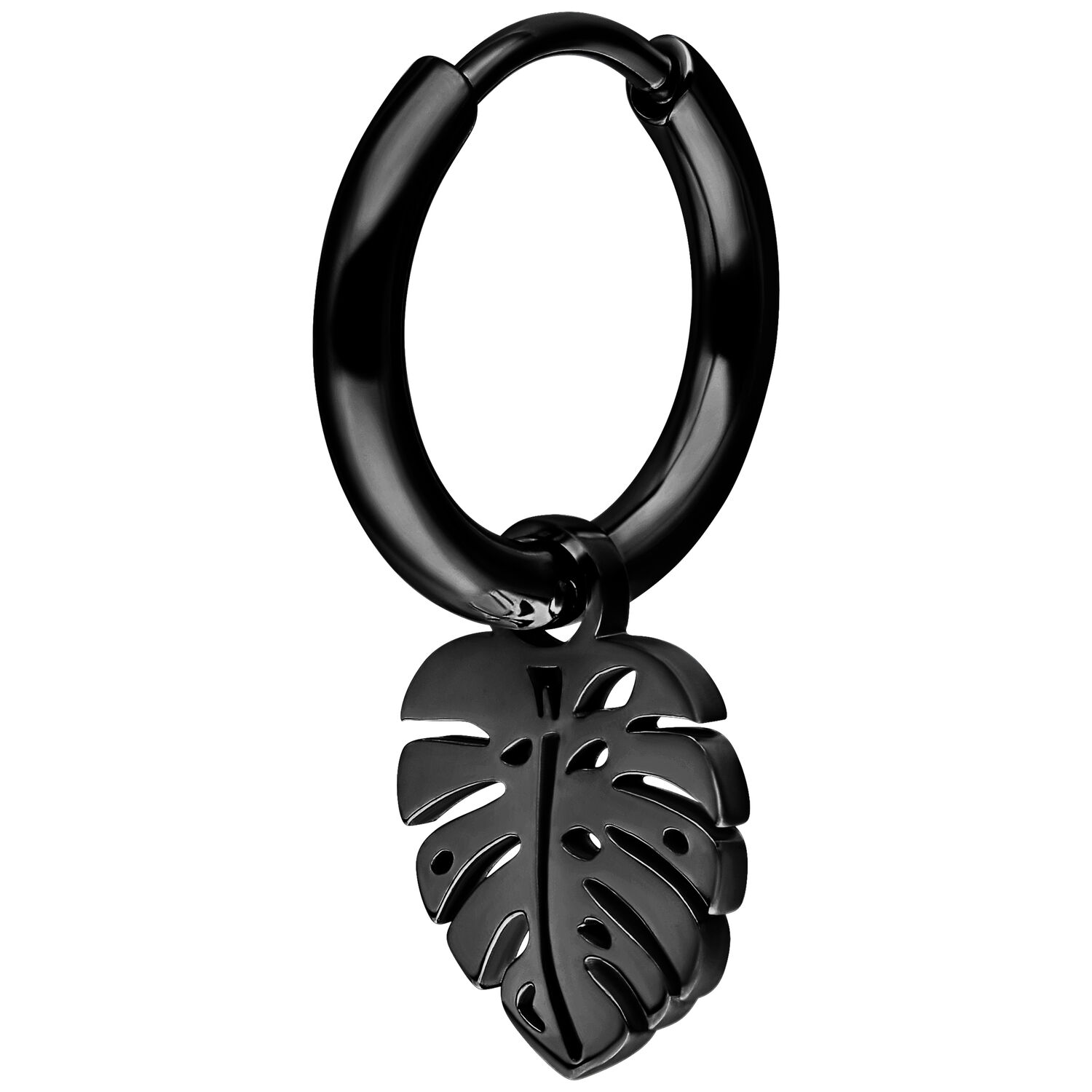 Orecchino Monstera nero in acciaio chirurgico su sfondo bianco