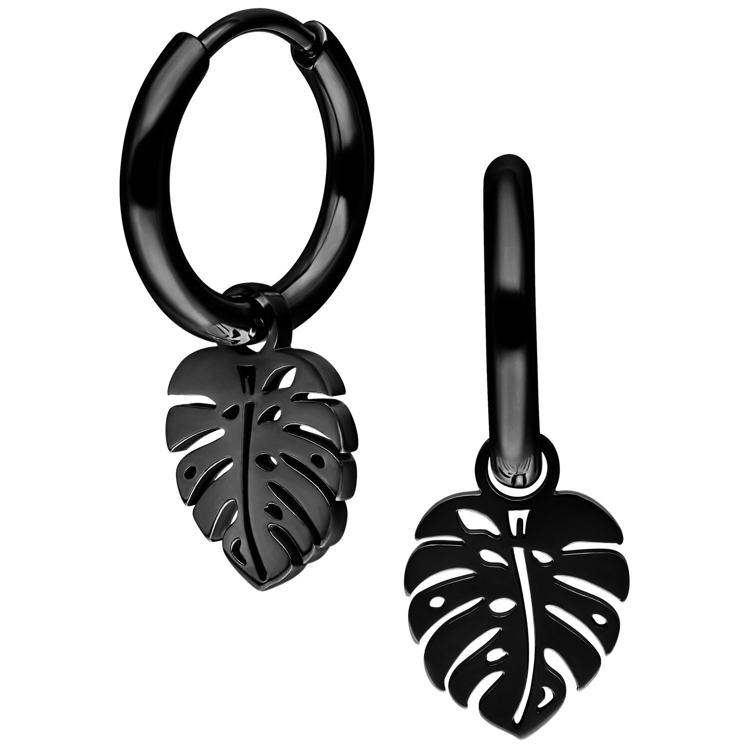 Due orecchini a cerchio Mini Monstera neri in acciaio chirurgico su sfondo bianco