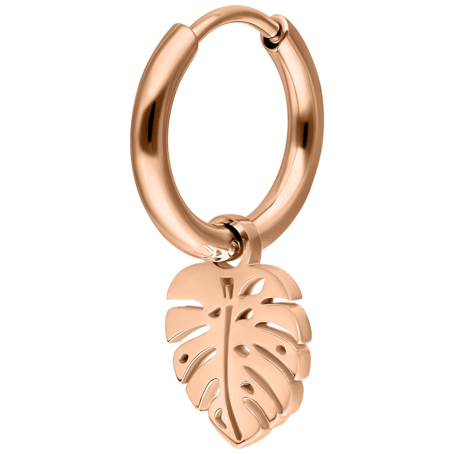 Orecchini in oro rosa con ciondolo Monstera su sfondo bianco