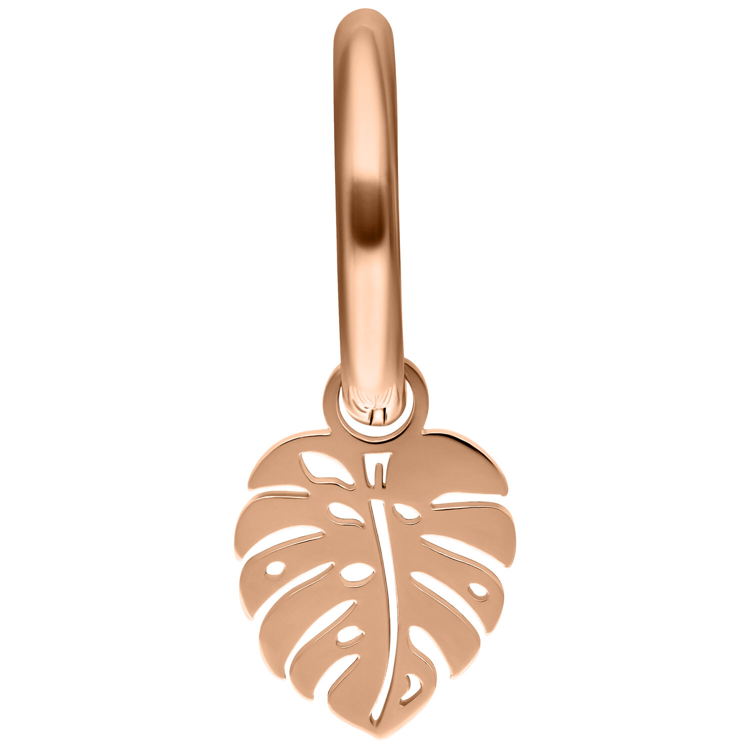 Creola Mini Monstera in oro rosa con ciondolo a foglia su sfondo bianco