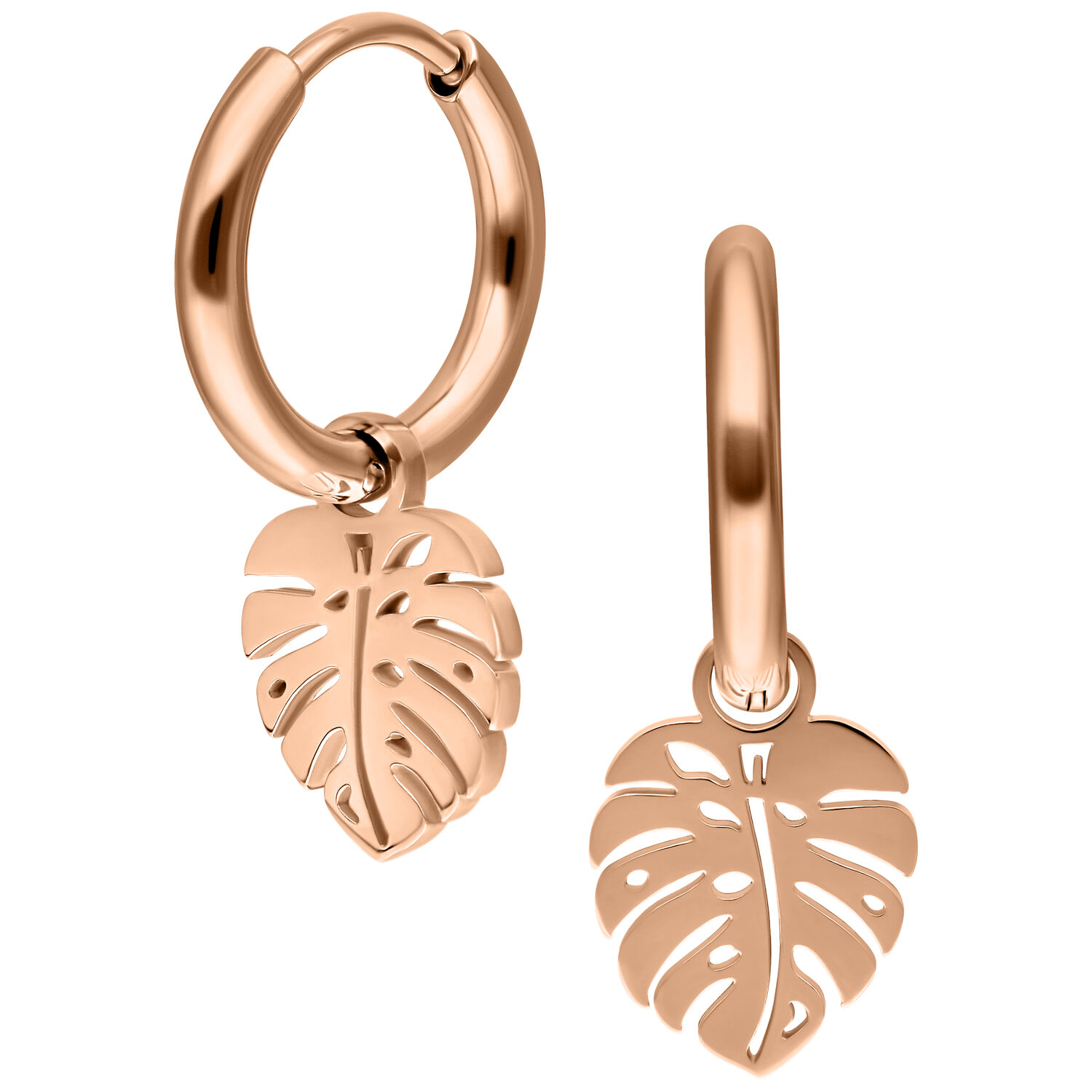Orecchini a cerchio Mini Monstera oro rosa su sfondo bianco