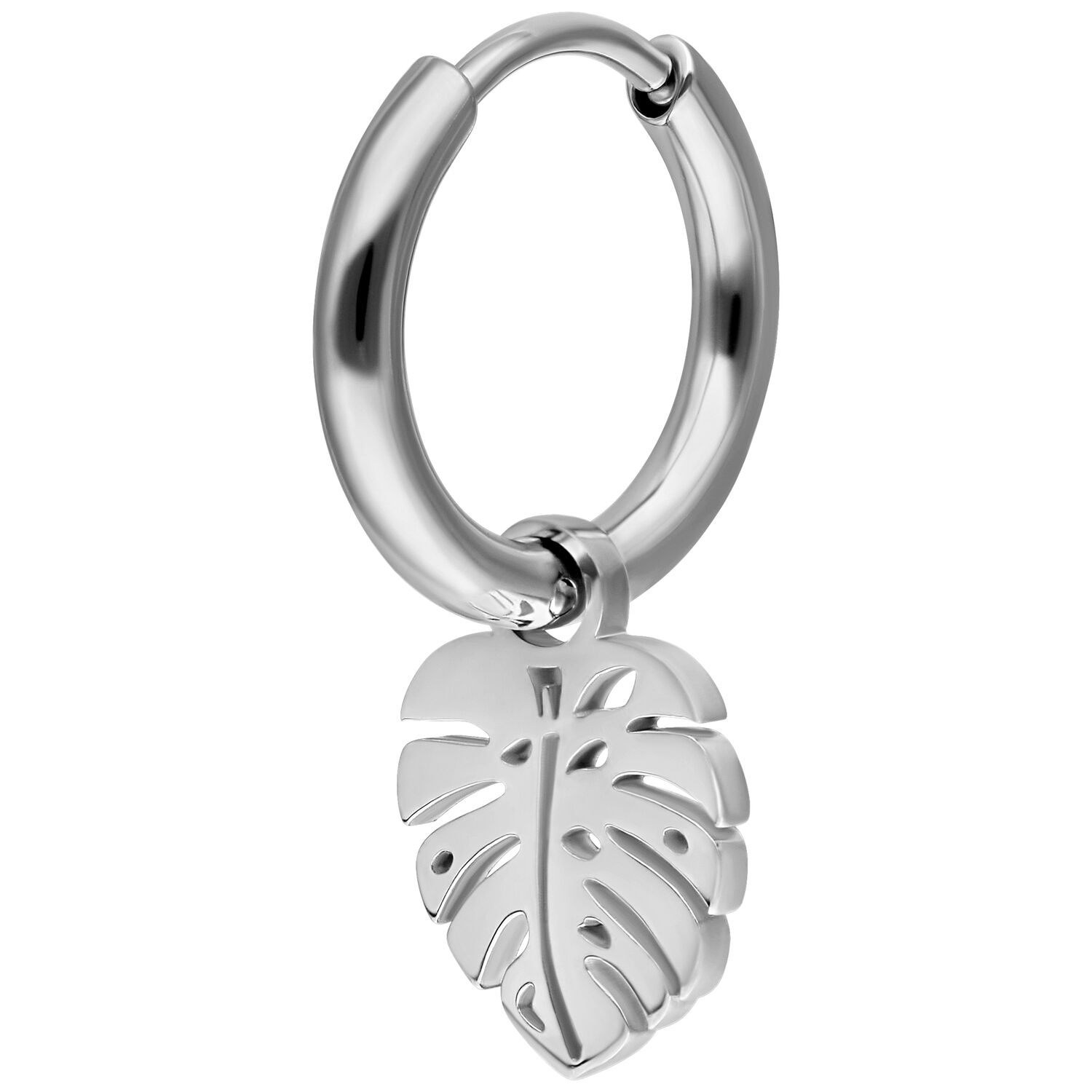 Orecchino a cerchio d'argento con ciondolo Monstera su sfondo bianco