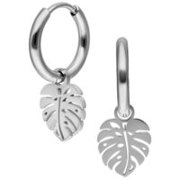 Orecchini Mini Monstera in argento con chiusura a scatto su sfondo bianco