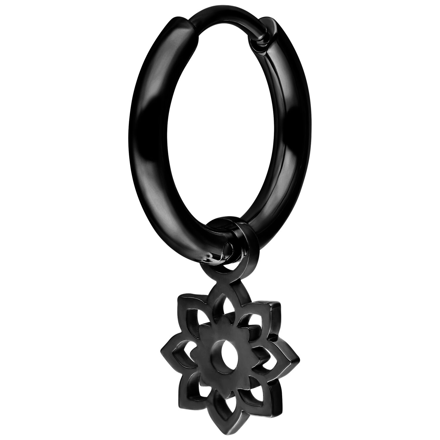 Orecchino Mini Flower Hoop nero in acciaio chirurgico su sfondo bianco
