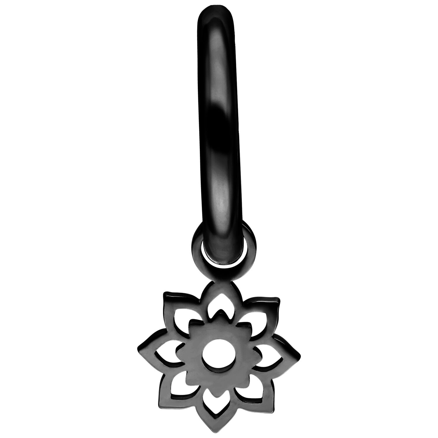 Mini Flower Hoops neri in acciaio chirurgico su sfondo bianco