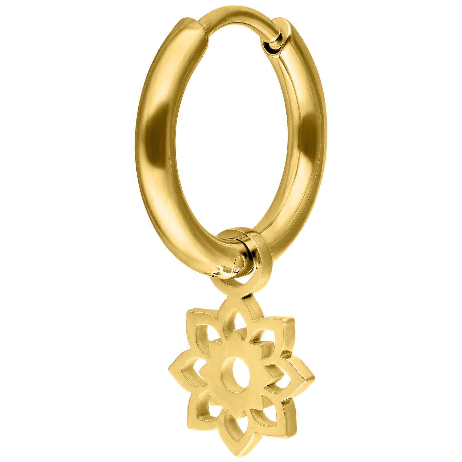 Orecchini Mini Flower Hoop in oro su sfondo bianco
