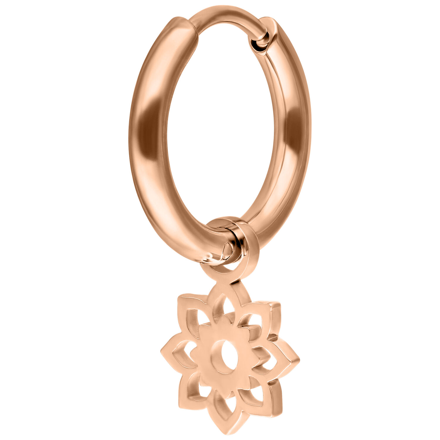 Orecchino Mini Flower Hoop in oro rosa su sfondo bianco