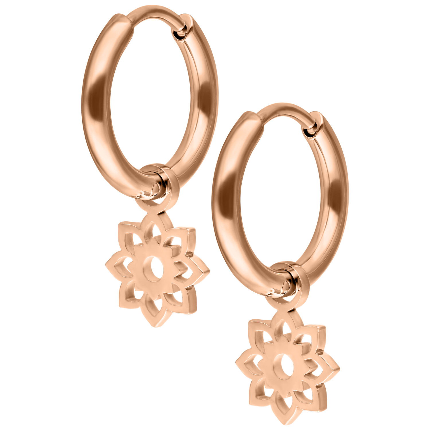 Mini Flower Hoops in oro rosa con ciondolo a fiore su sfondo bianco