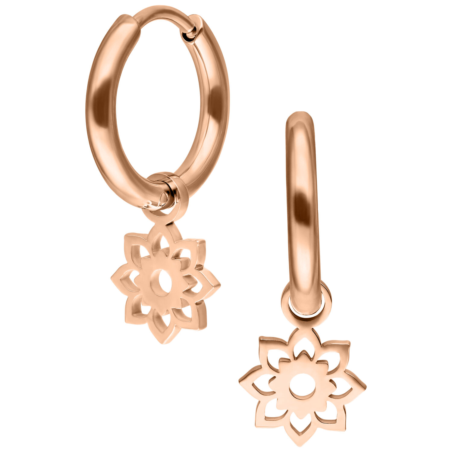 Due orecchini Mini Flower Hoops in oro rosa su sfondo bianco