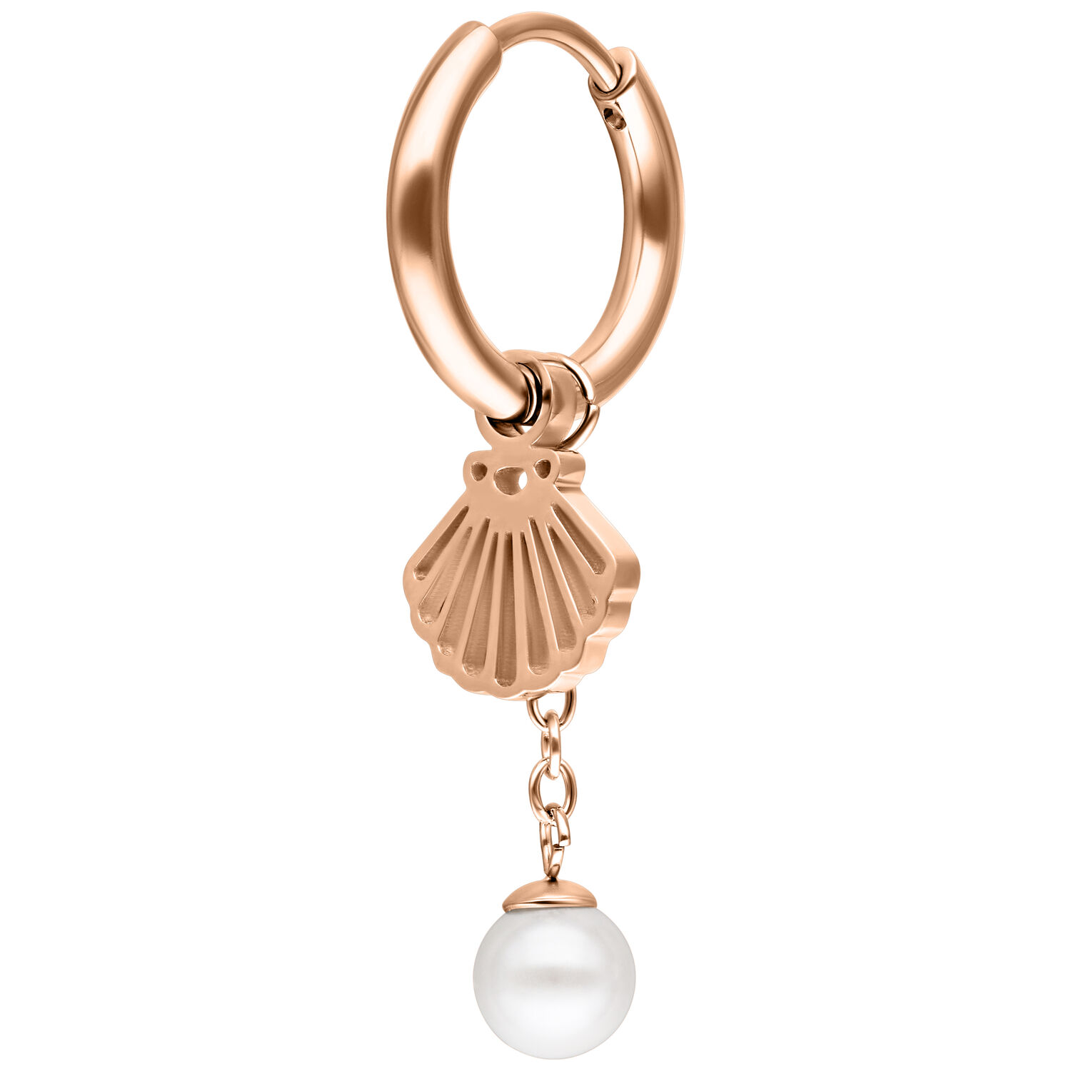 Orecchini in oro rosa con pendente a conchiglia e perla su sfondo bianco