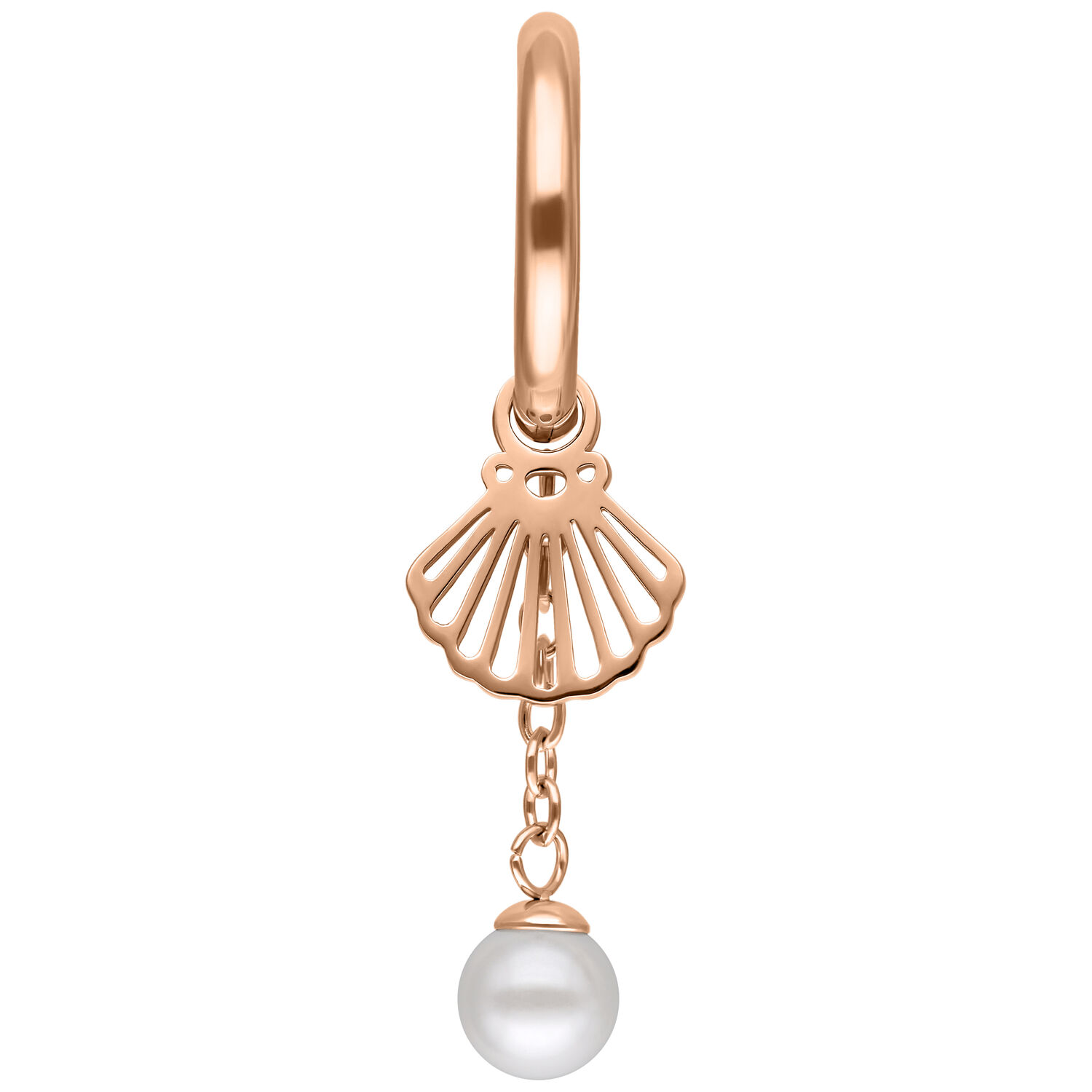 Orecchino in oro rosa con motivo a conchiglia e pendente di perla su sfondo bianco