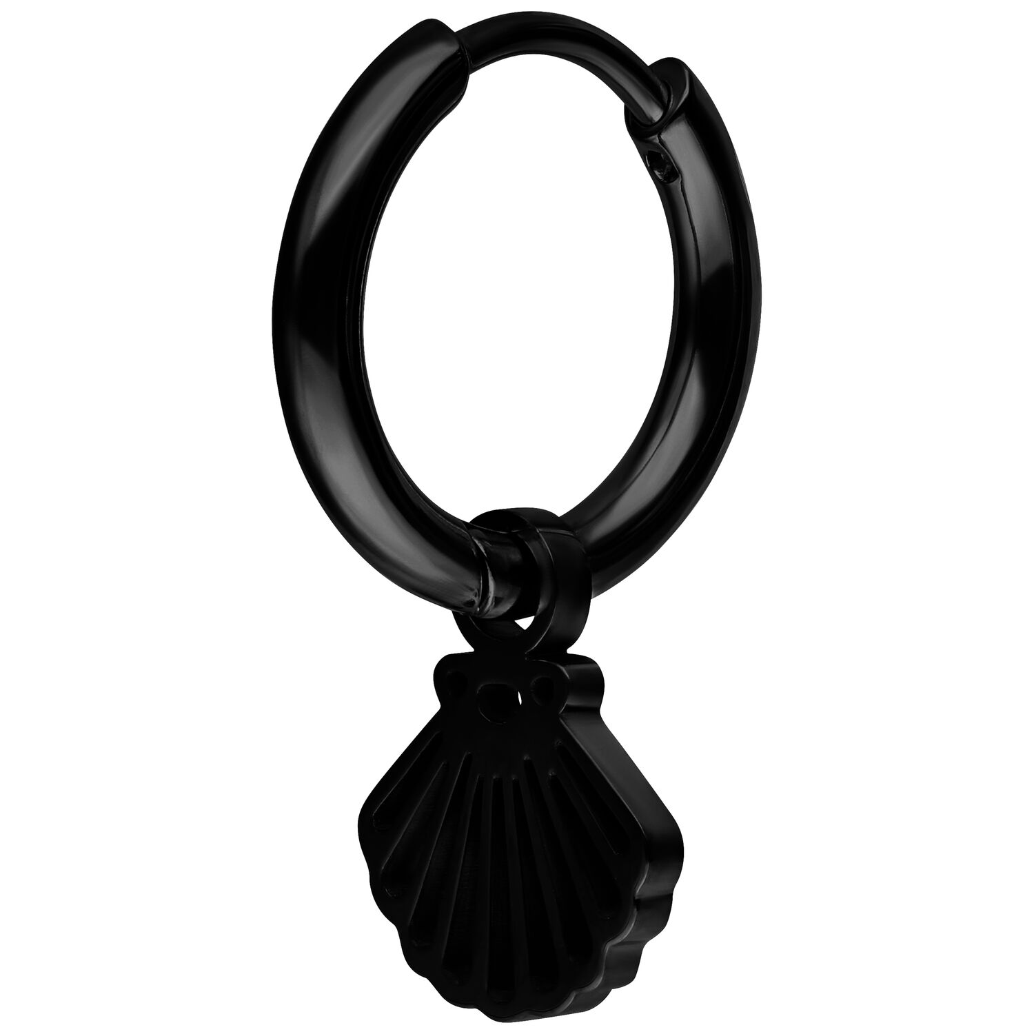 Orecchino a cerchio nero mini con pendente a conchiglia su sfondo bianco