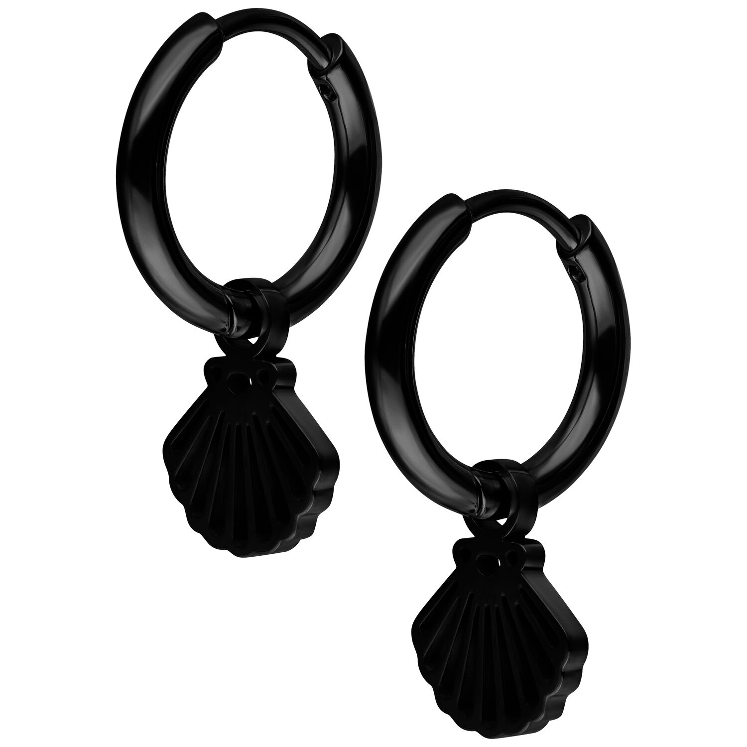 Mini Shell Hoops nere in acciaio chirurgico su sfondo bianco