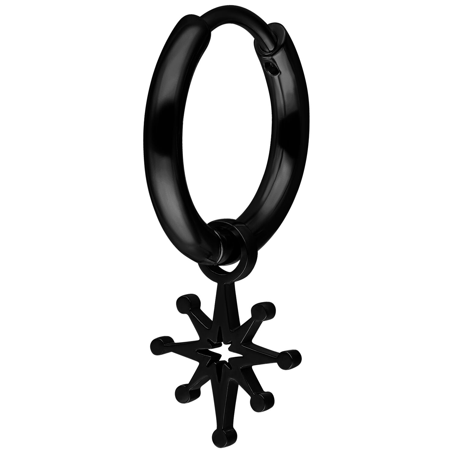 Orecchino a cerchio mini nero con ciondolo a forma di stella su sfondo bianco