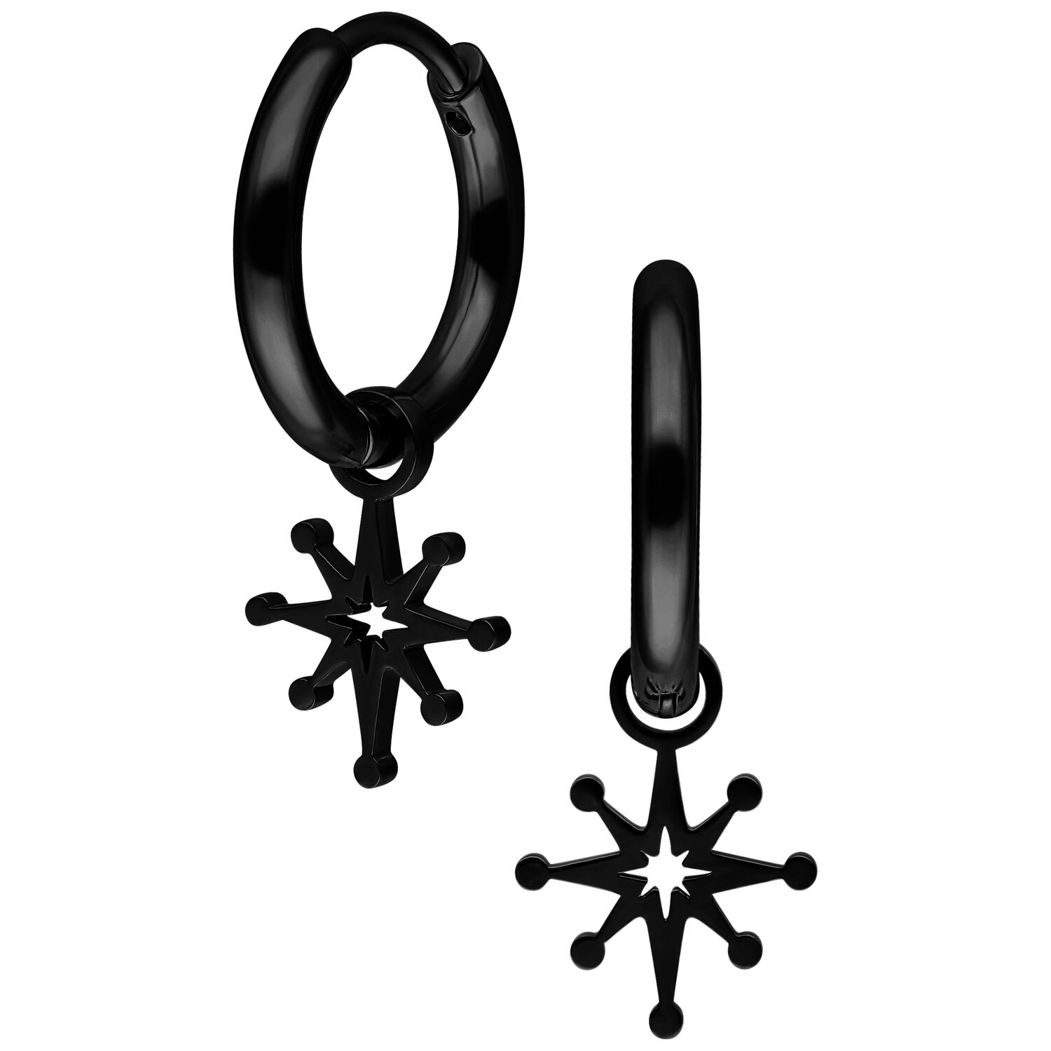 Orecchini neri con ciondolo a stella polare su sfondo bianco