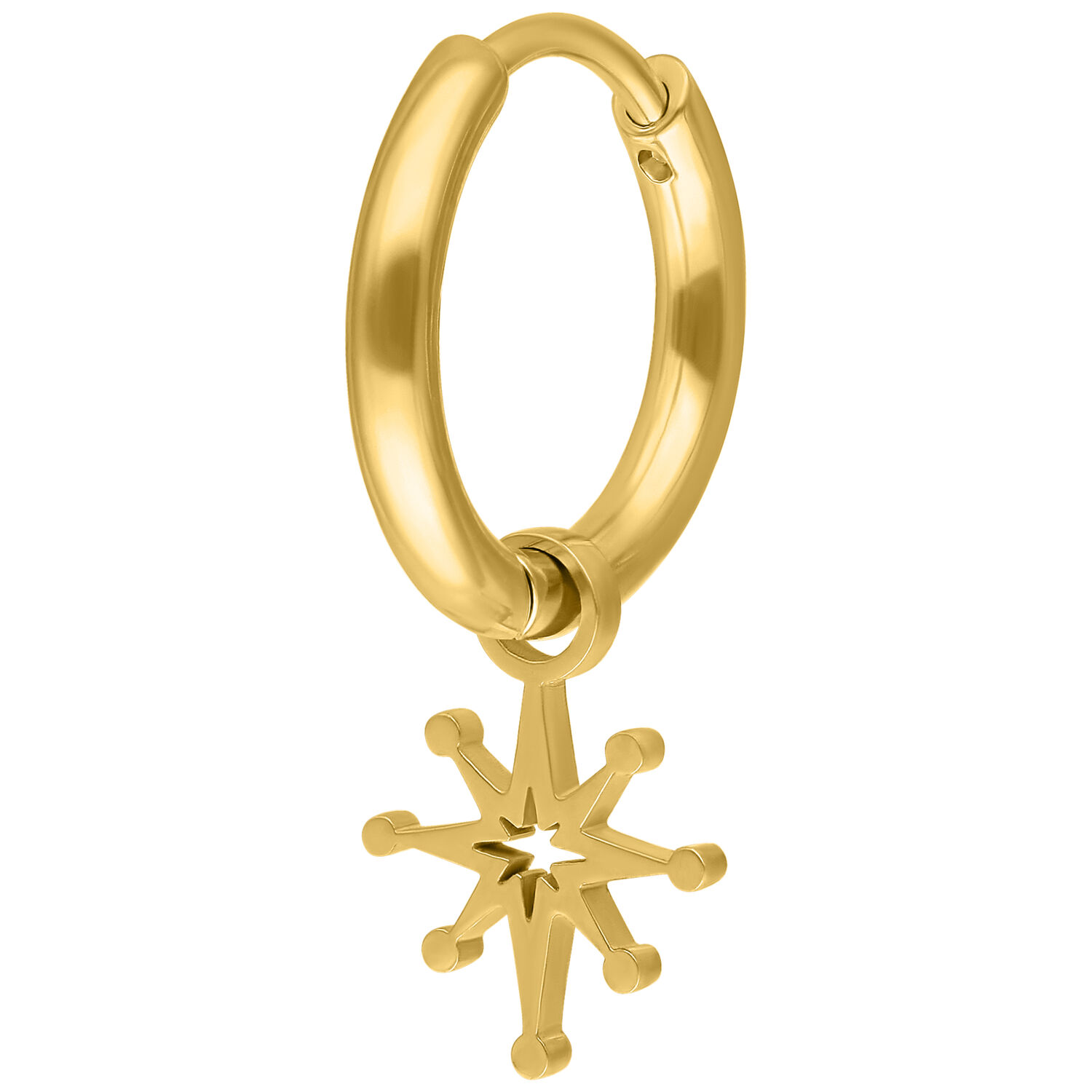 Orecchino a cerchio dorato con ciondolo a forma di stella su sfondo bianco