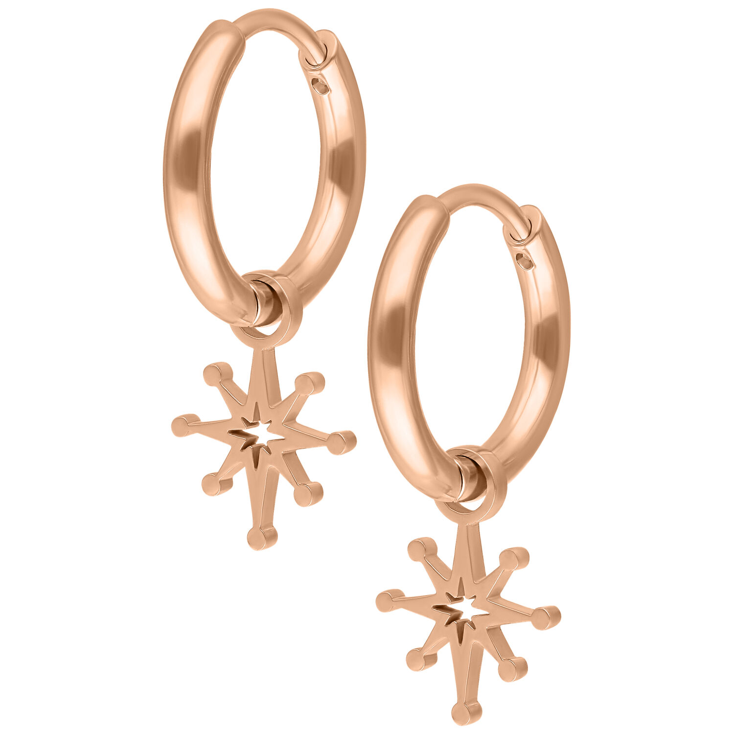 Mini Polar Star Hoops in oro rosa con ciondolo a stella, sfondo studio