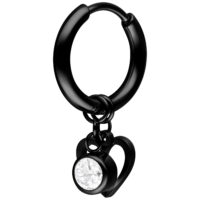 Orecchino nero con pendente a cuore e cristallo chiaro su sfondo bianco