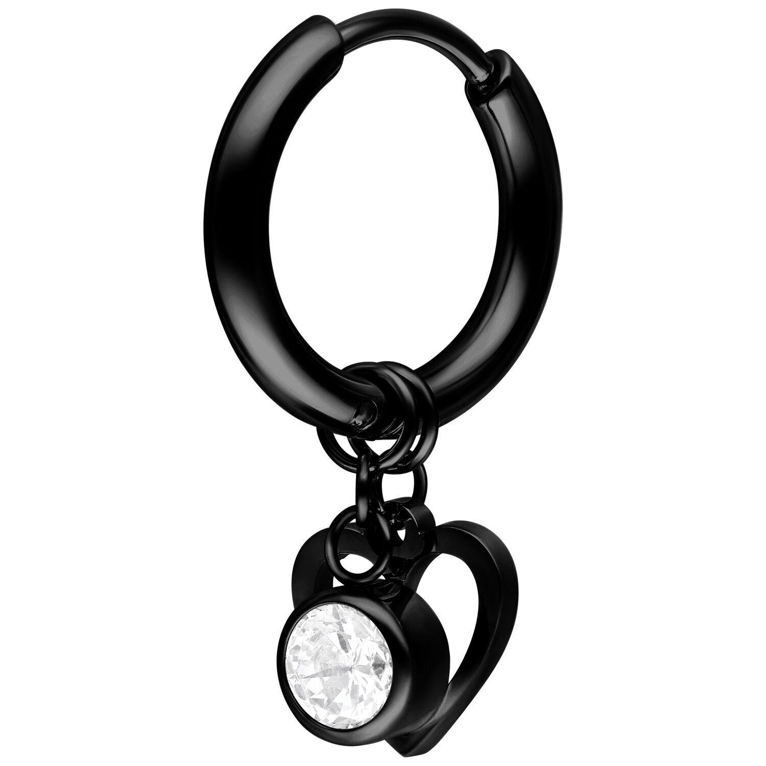 Orecchino nero con pendente a cuore e cristallo chiaro su sfondo bianco