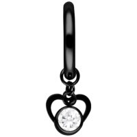 Orecchino nero in acciaio chirurgico con design a cuore e pendente di cristallo su sfondo bianco