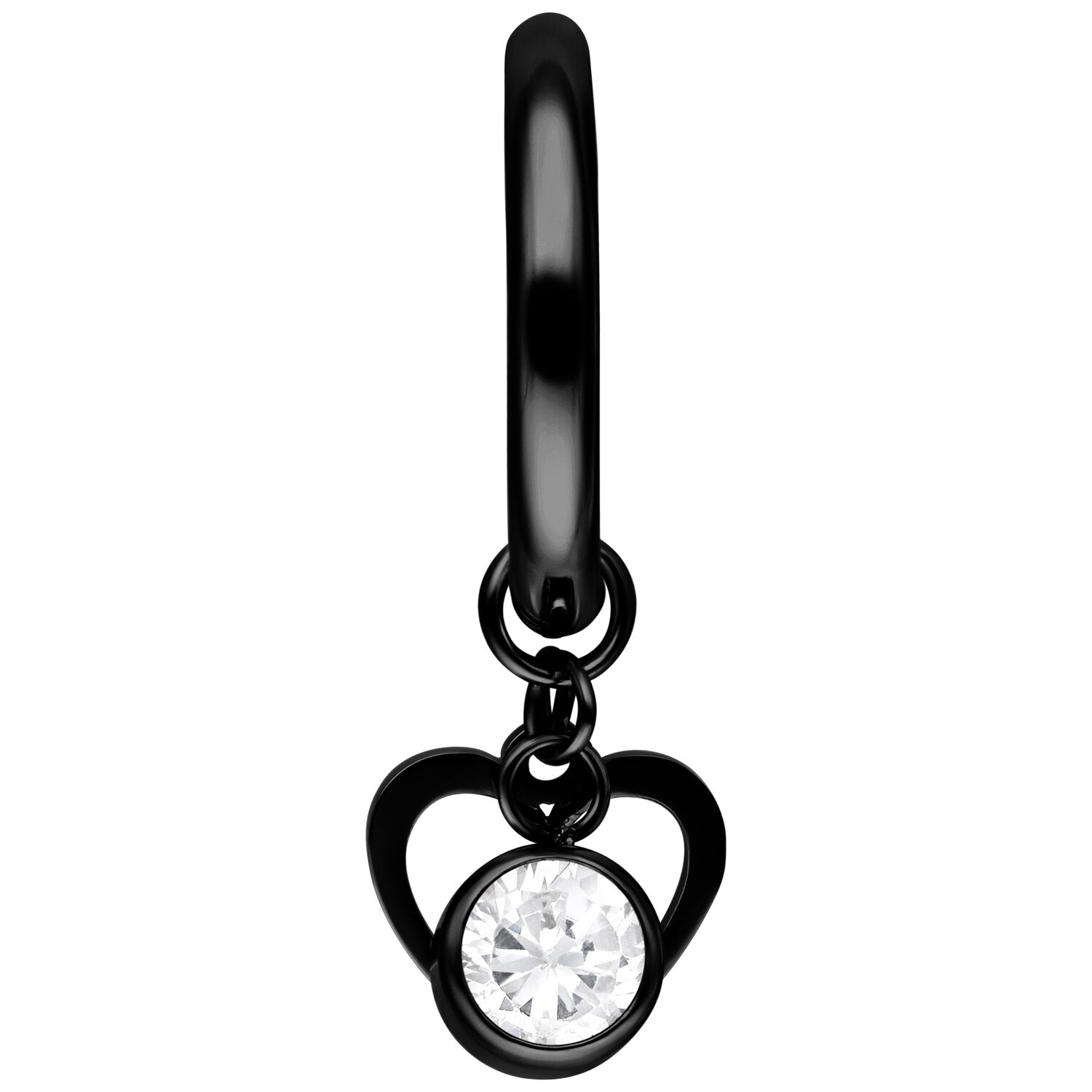 Orecchino nero in acciaio chirurgico con design a cuore e pendente di cristallo su sfondo bianco