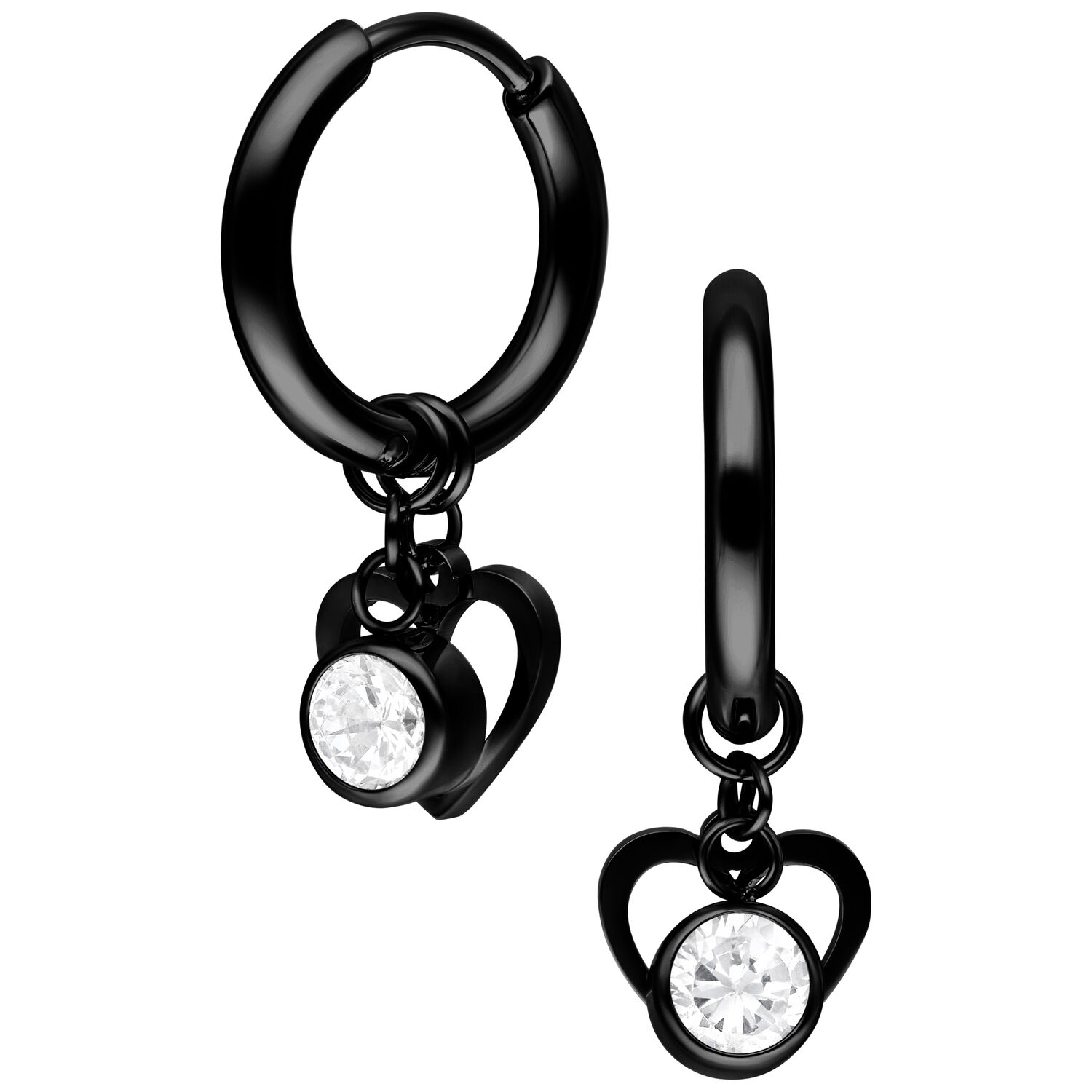 Cerchi neri con pendente a cuore e cristallo su sfondo bianco