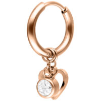 Orecchino in oro rosa con ciondolo a cuore e cristallo scintillante su sfondo bianco