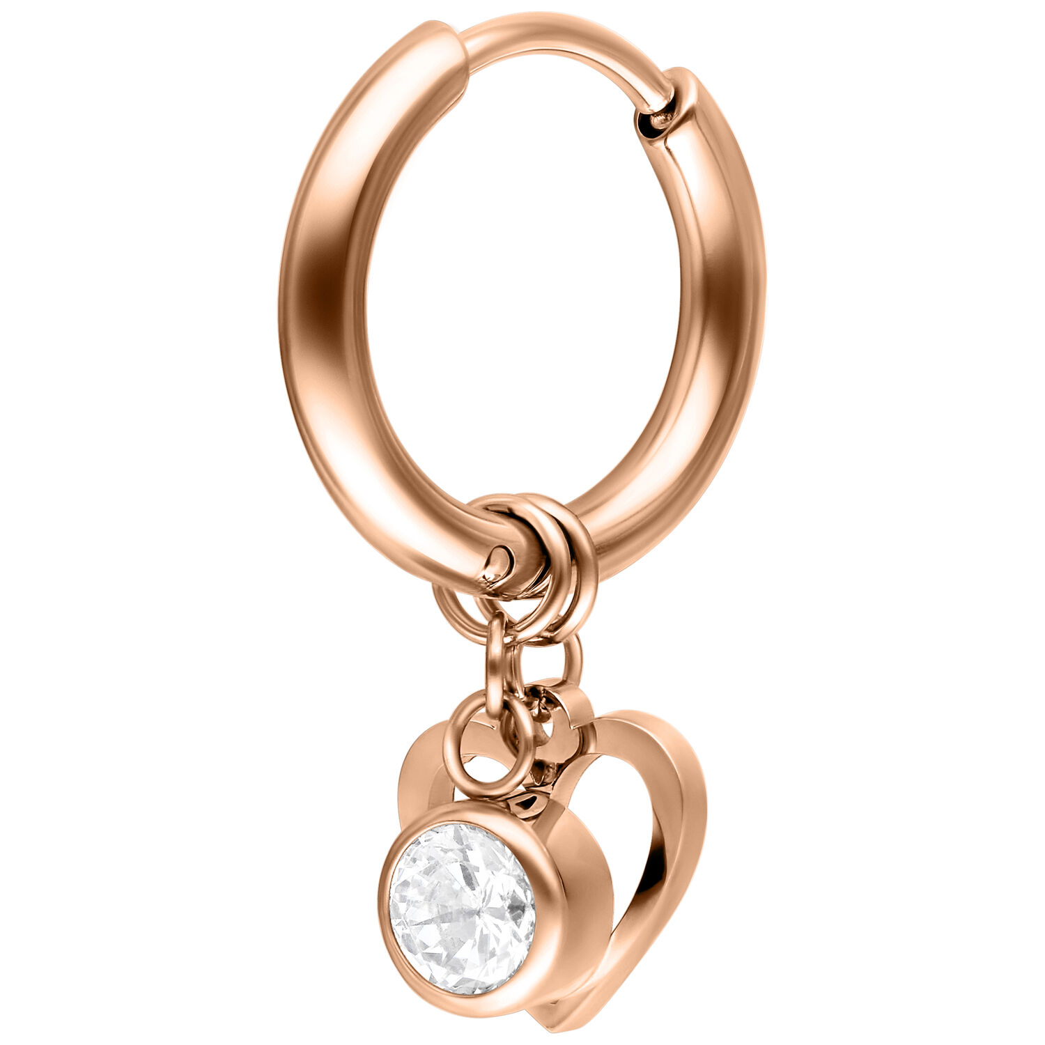 Orecchino in oro rosa con ciondolo a cuore e cristallo scintillante su sfondo bianco