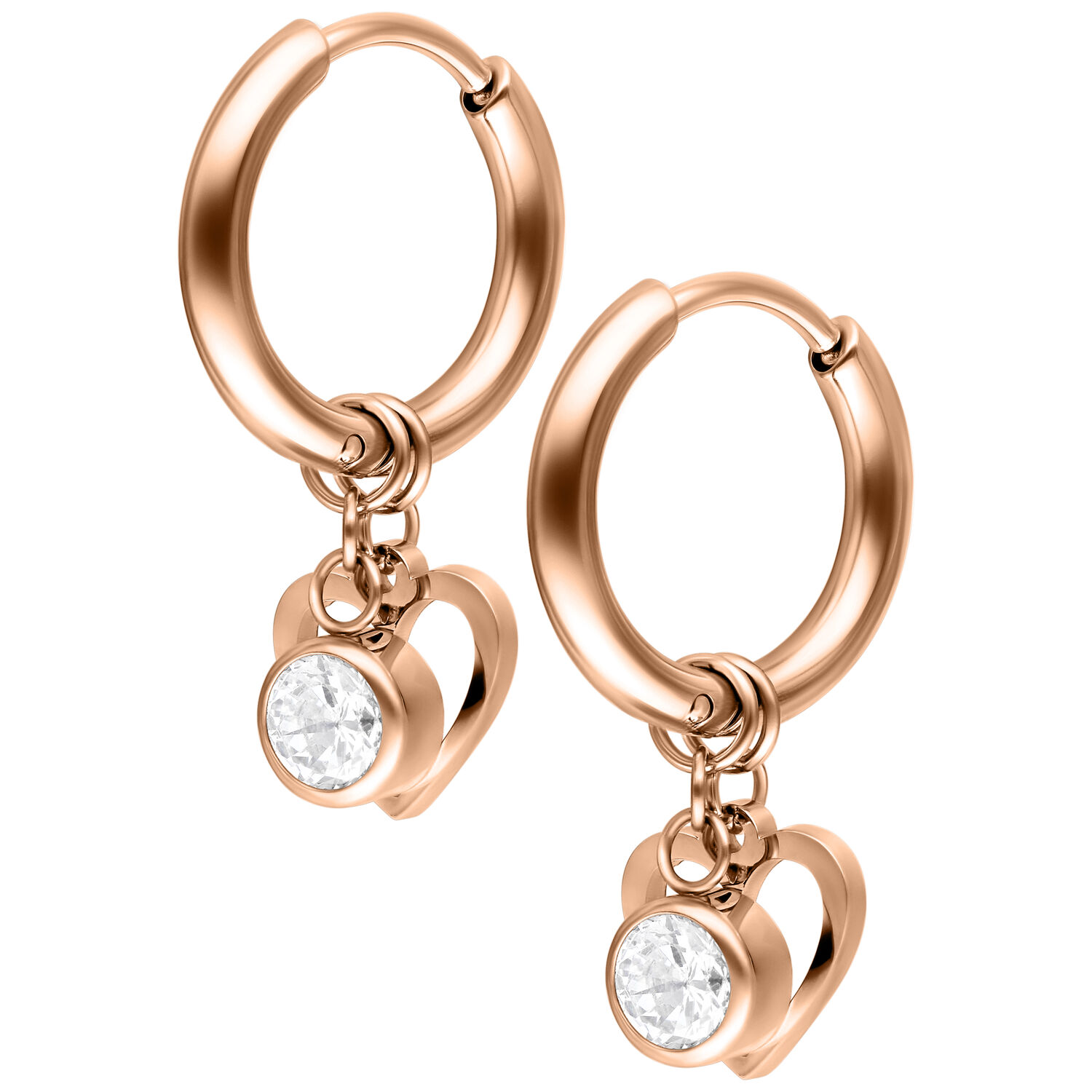 Coppia di cerchi in oro rosa con pendente a cuore e cristallo su sfondo bianco