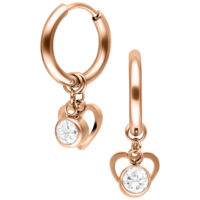 Orecchini a cerchio in oro rosa con pendente a cuore e cristallo su sfondo bianco