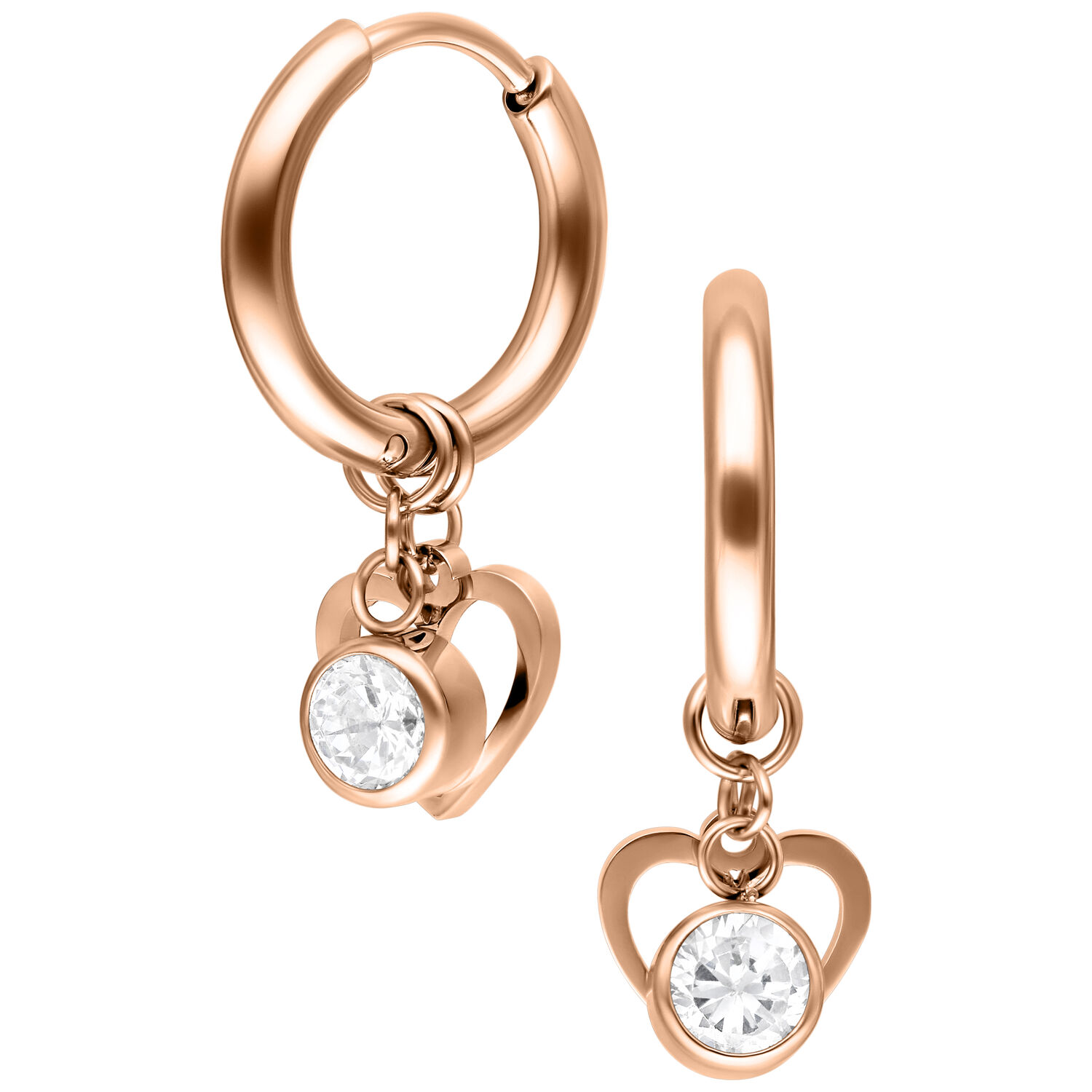 Orecchini a cerchio in oro rosa con pendente a cuore e cristallo su sfondo bianco