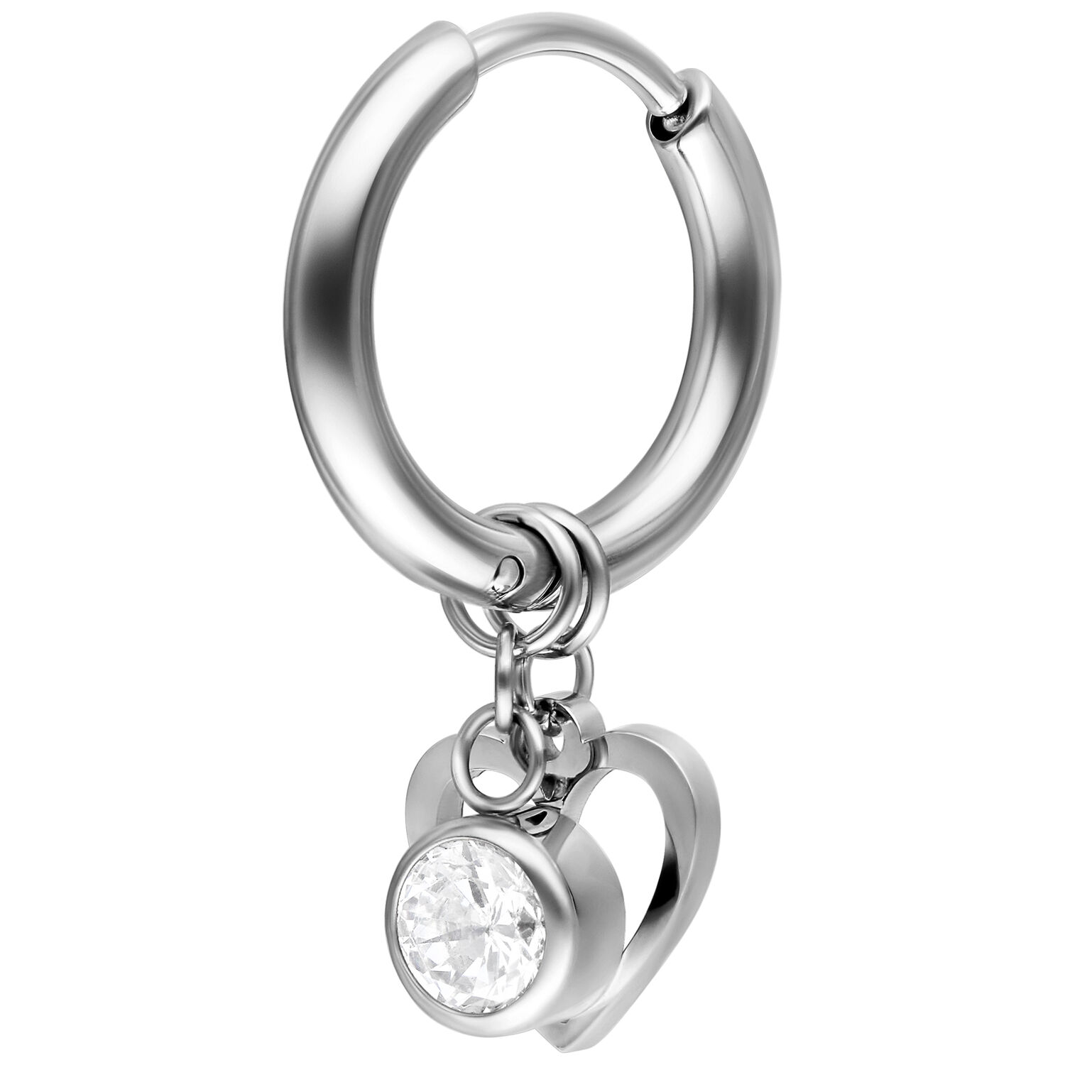 Creola in argento con ciondolo a cuore e cristallo su sfondo bianco