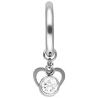 Orecchino argento con mini cuore e pendente di cristallo su sfondo bianco